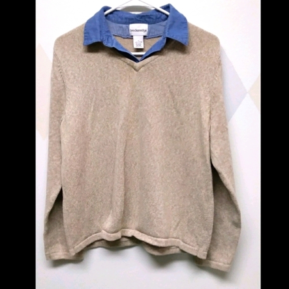 Tan long sleeve sweater with blue jean collar - Picture 1 of 12